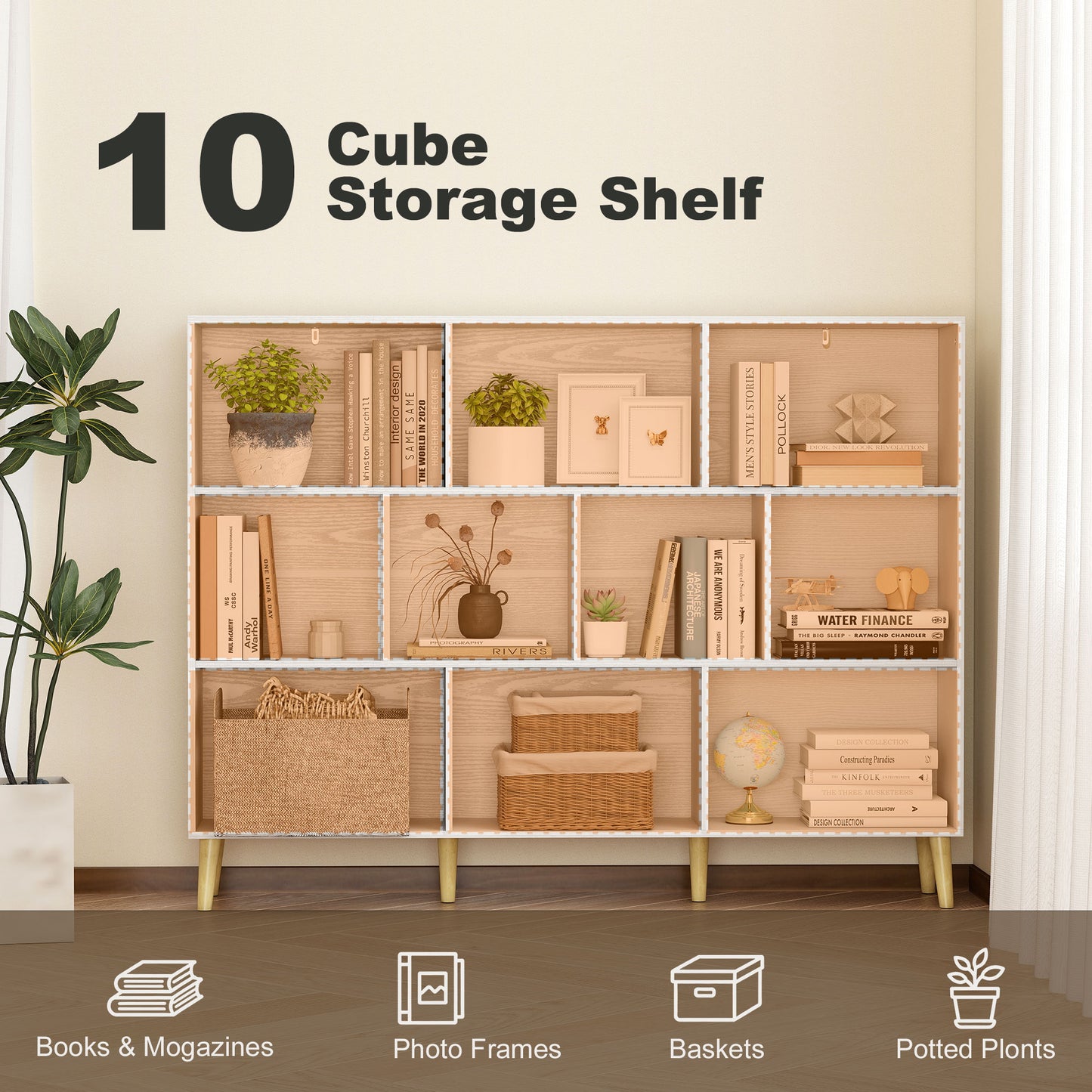 10-Cube Bookcase, 3-Tier Book Shelf with Solid Wood Legs, 140 cm Modern Bookshelf with Anti-Tip Kit for Bedroom, White
