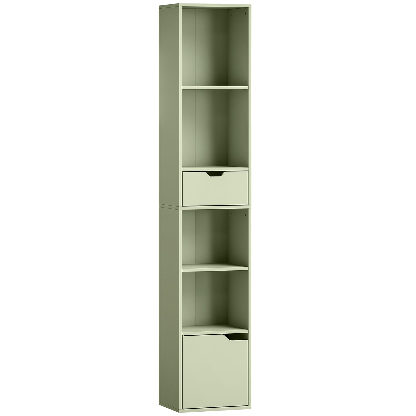 6-Tier Bookcase, Tall Narrow Bookshelf with Drawer and Door - Green