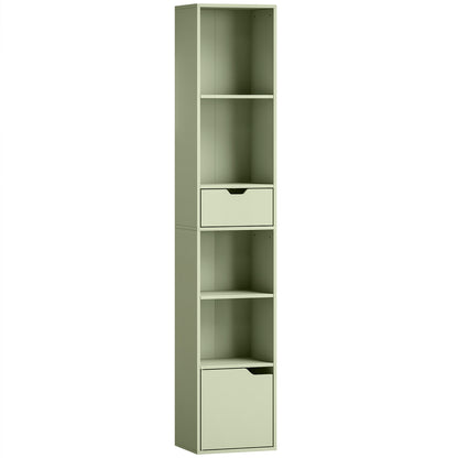 6-Tier Bookcase, Tall Narrow Bookshelf with Drawer and Door - Green