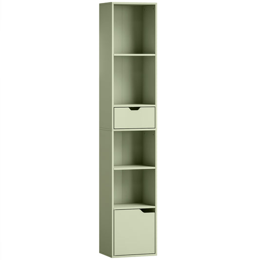 6-Tier Bookcase, Tall Narrow Bookshelf with Drawer and Door - Green