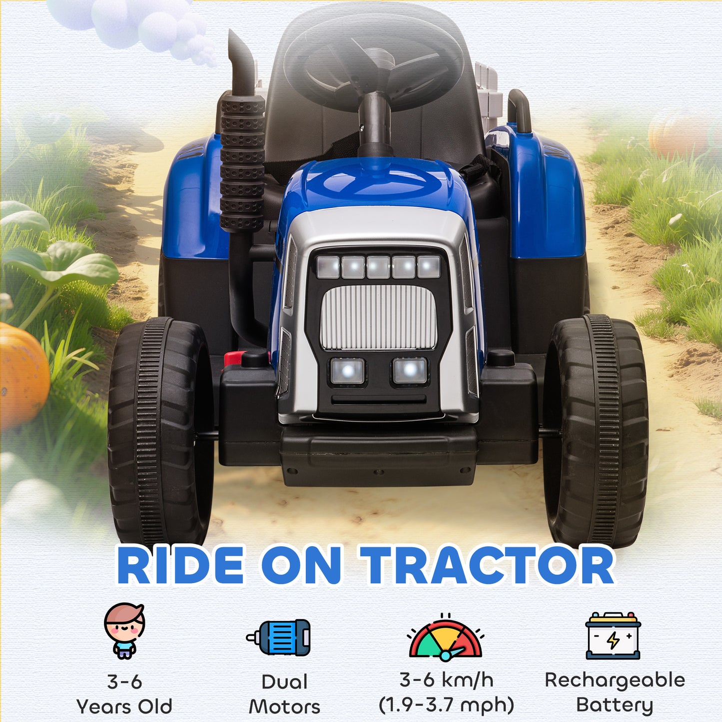 Ride On Tractor, Battery Powered Electric Car, with Detachable Trailer, Remote Control, Music, Blue