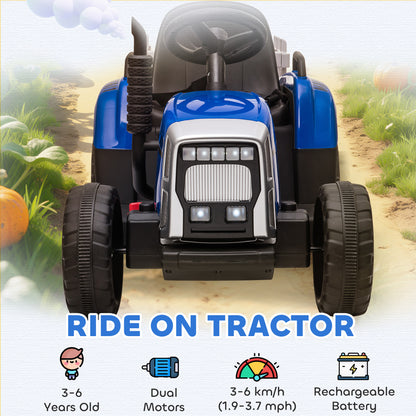 Ride On Tractor, Battery Powered Electric Car, with Detachable Trailer, Remote Control, Music, Blue