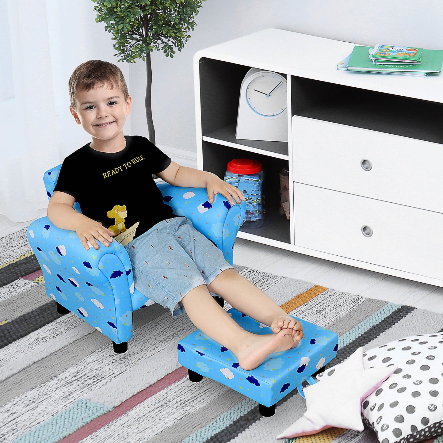Toddler Chair Children's Armchairs Wood Frame w/ Footrest Anti-Slip Legs High Back Arms for Bedroom Playroom Cute Cloud Star