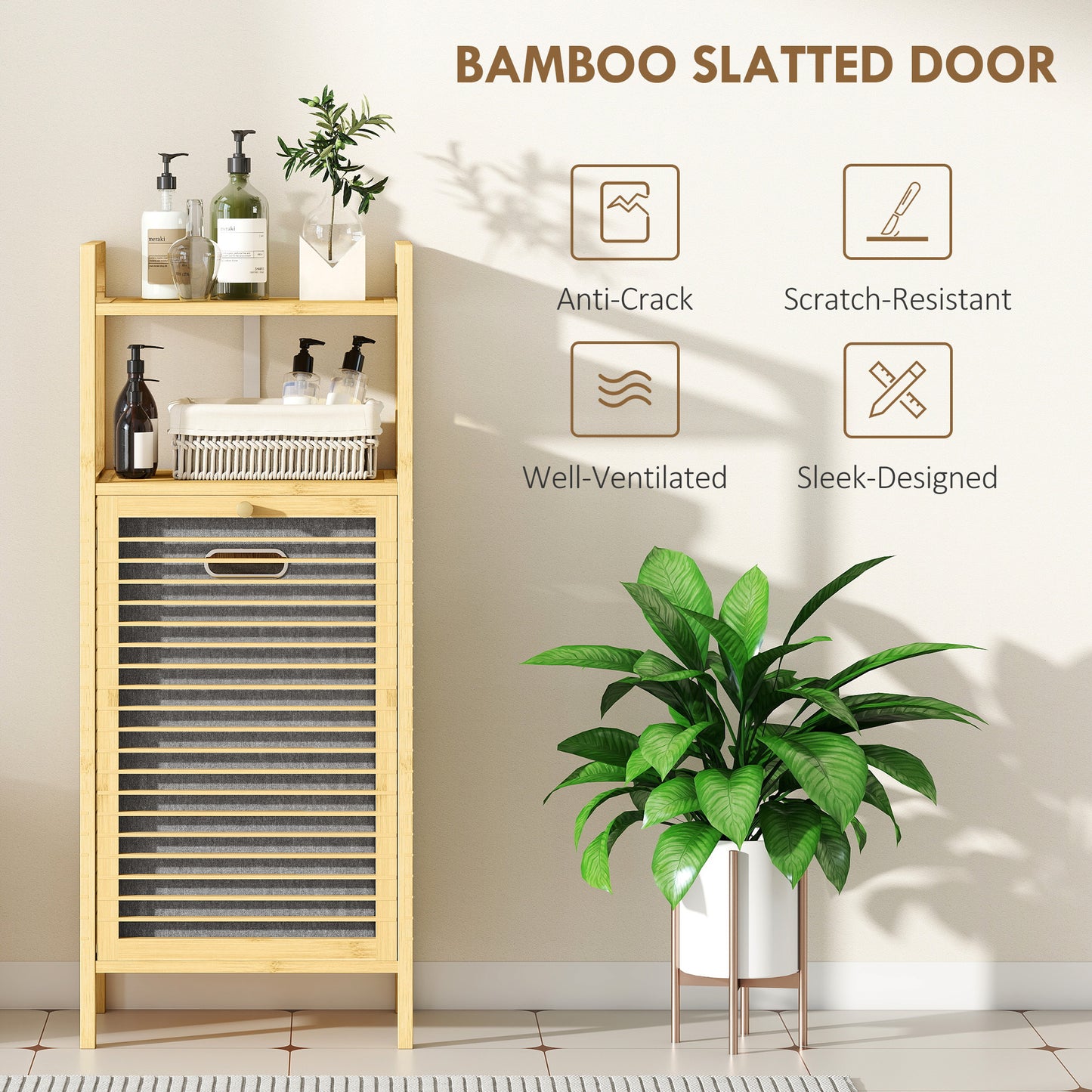 Bamboo Laundry Cabinet with Slatted Door, Bathroom Cabinet with Tilt-Out Hamper and Removable Liner Bag, 40 x 30D x 95 cm