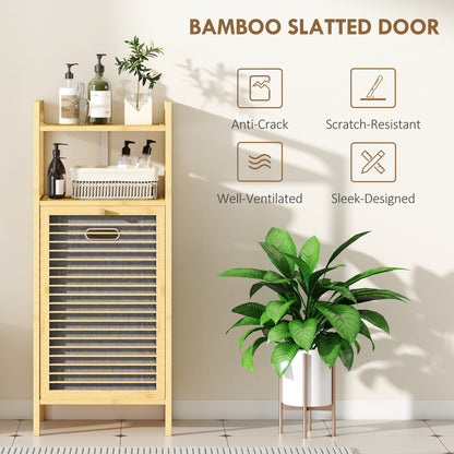 Bamboo Laundry Cabinet with Slatted Door, Bathroom Cabinet with Tilt-Out Hamper and Removable Liner Bag, 40 x 30D x 95 cm