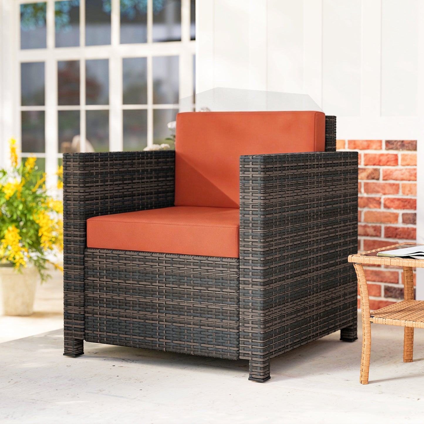 PE Rattan Garden Armchair with Cushion - Mixed Brown/Orange