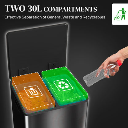 60L Dual Compartment Stainless Steel Bin, with Deodoriser Holders - Black