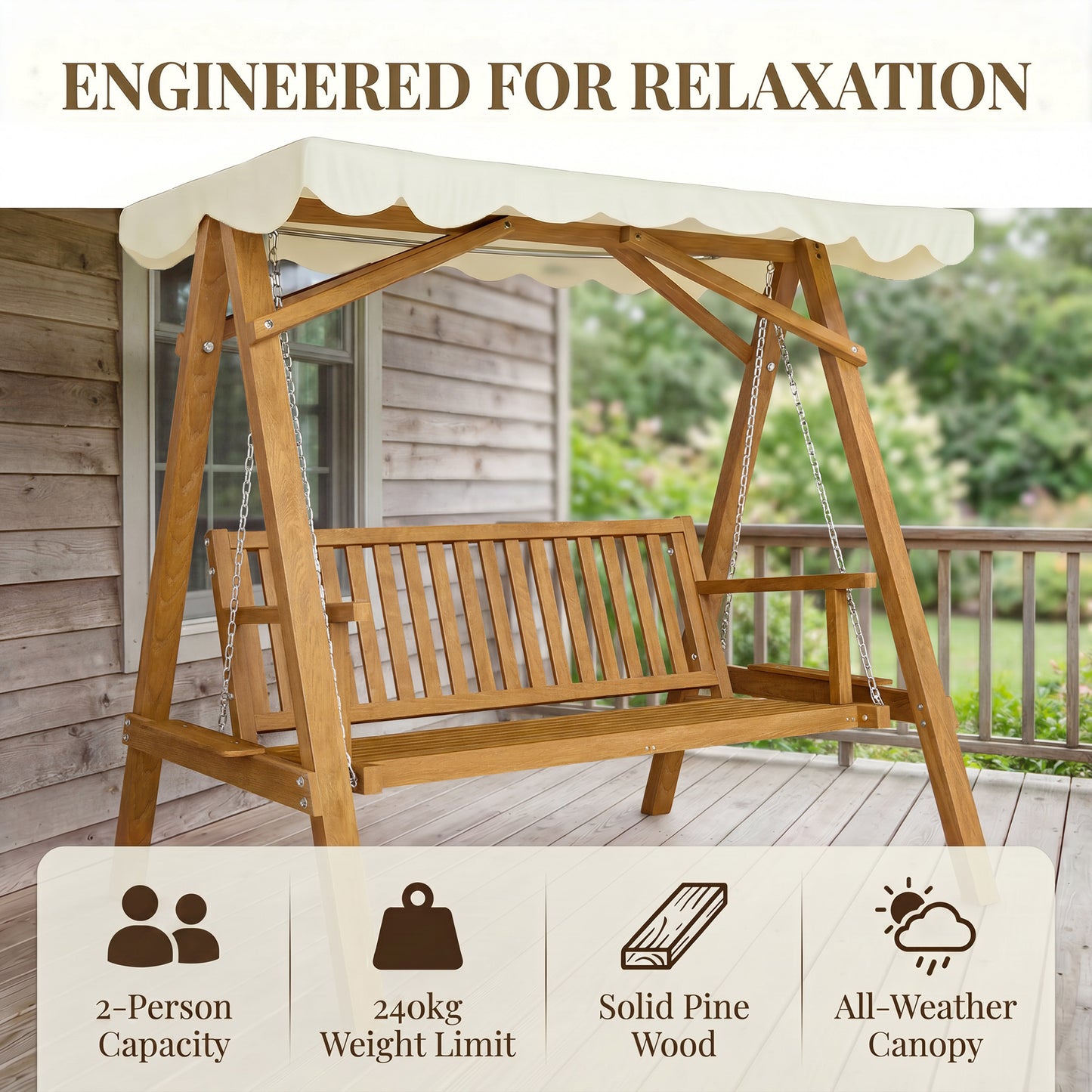 2 Seater Garden Swing Seat with Canopy, Wooden Swing Chair, Outdoor Hammock Bench for Balcony Patio Porch, Cream White