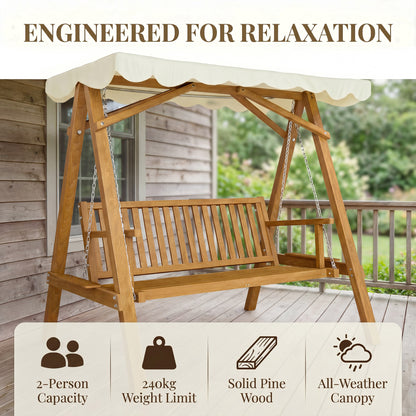 2 Seater Garden Swing Seat with Canopy, Wooden Swing Chair, Outdoor Hammock Bench for Balcony Patio Porch, Cream White
