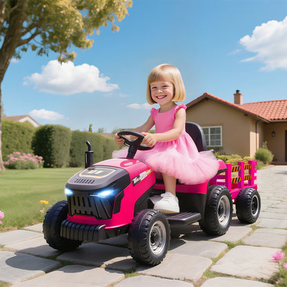 12V Ride on Tractor and Trailer with Remote Control, Music, Shifter, Start-Up Sound, for Kids Ages 3-8 Years, Pink