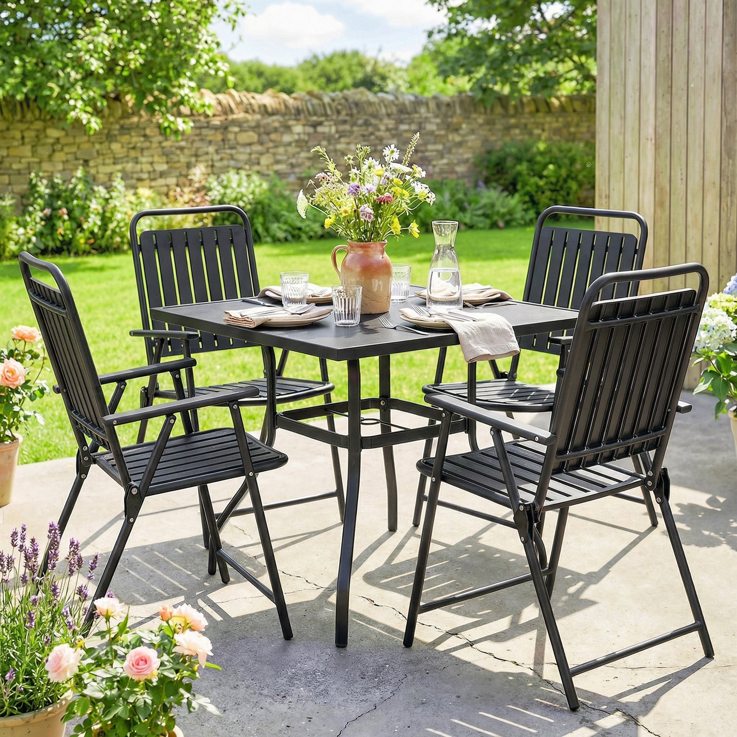 Folding Garden Chairs, Garden Dining Chairs with Plastic Slatted Seat Back, Armrests, Steel Frame, Set of 4, Black
