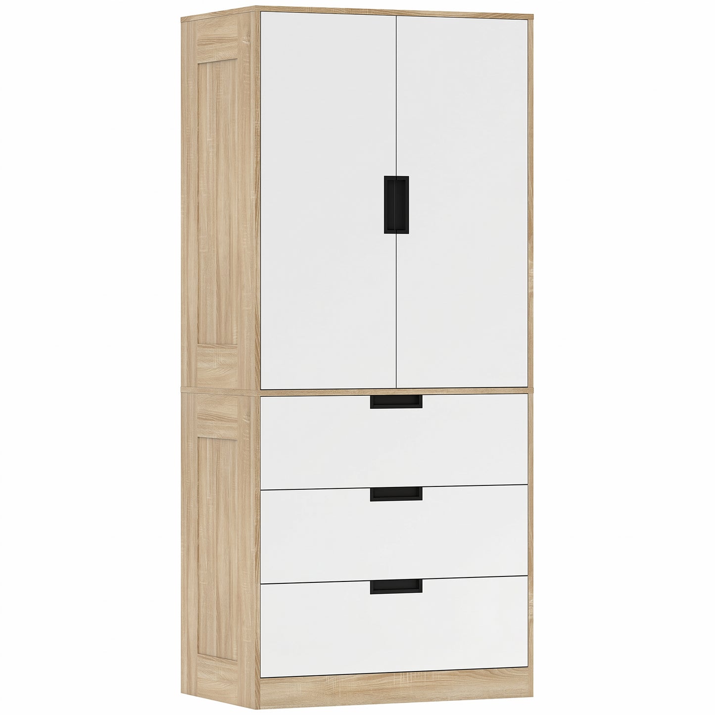 Modern Clothes Storage Cupboard Unit, 3 Drawer 2 Door Wardrobe with Hanging Rod, Oak