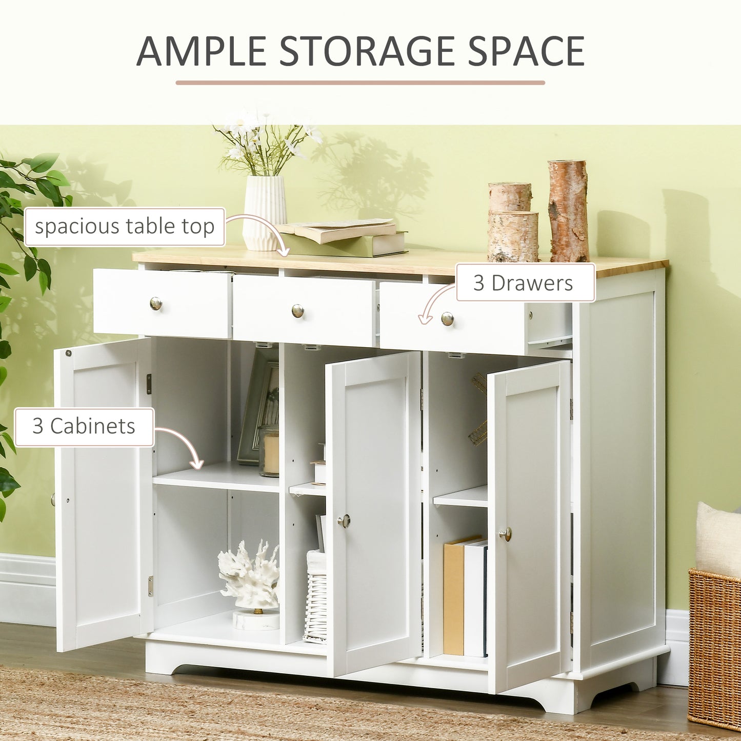 Sideboard with Rubber Wood Top, Modern Storage Cabinet with 3 Adjustable Shelves, White