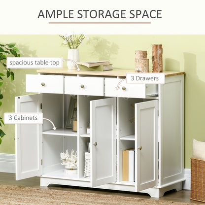 Sideboard with Rubber Wood Top, Modern Storage Cabinet with 3 Adjustable Shelves, White
