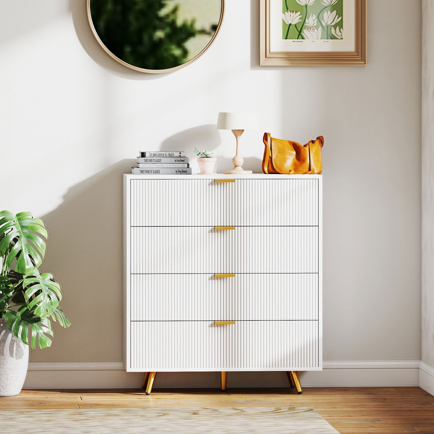 Elegant Four-Drawer Bedside Table - White