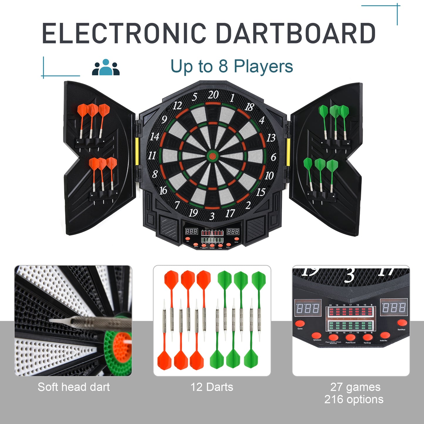 Dart Board Set, Electronic Dartboard with LED Digital Score Display, Soft Tip Darts, 27 Games, Speaker Sound