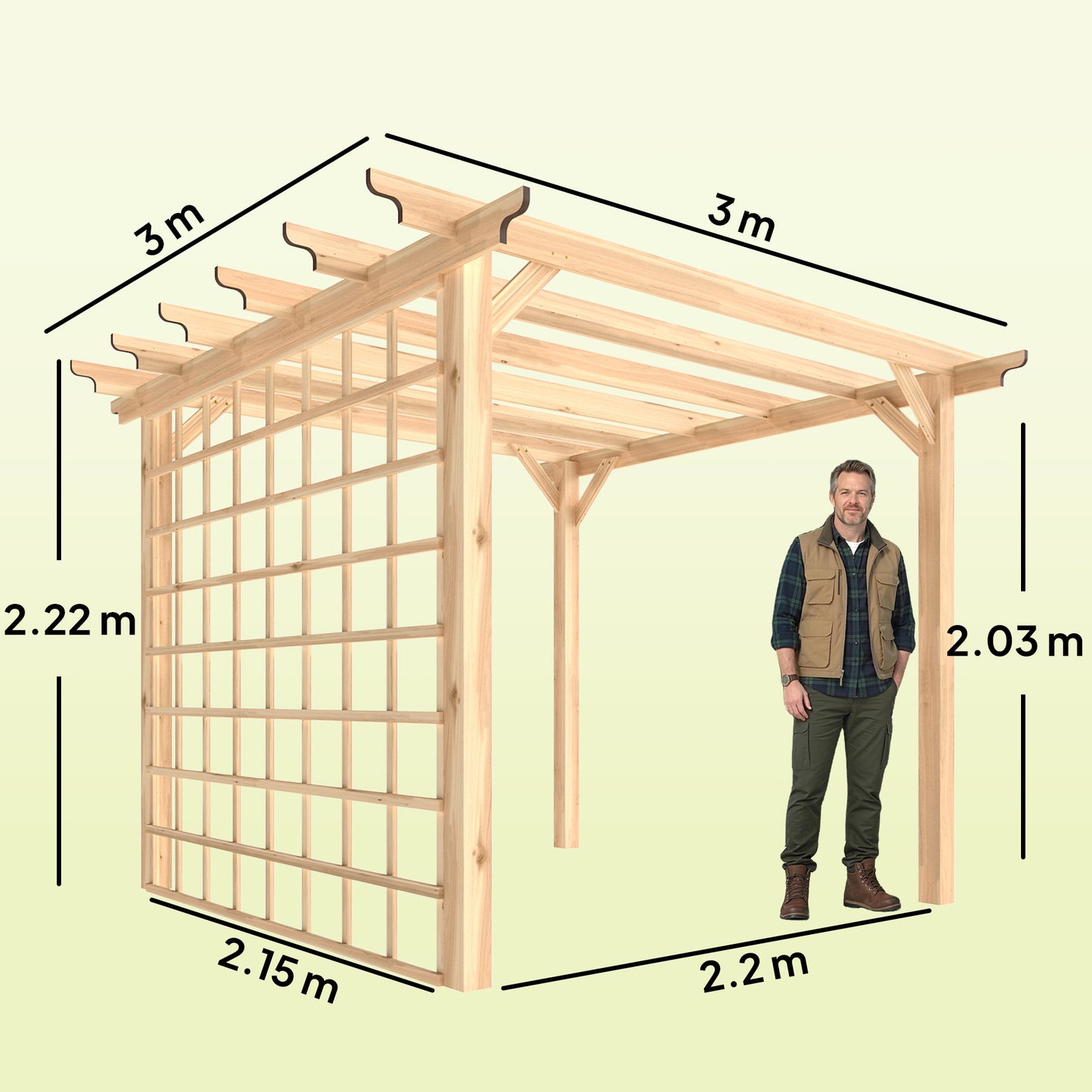 3 x 3 m Wooden Pergola Kit, Garden Pergola Gazebo Arch with Trellis for Climbing Vines, Flowers, Nature Wood Finish