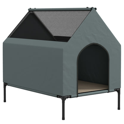 Dog House Outdoor Elevated Dog Bed with Removable Cover, Mesh Windows, Storage Bag, for S and M-Sized Dogs, Grey