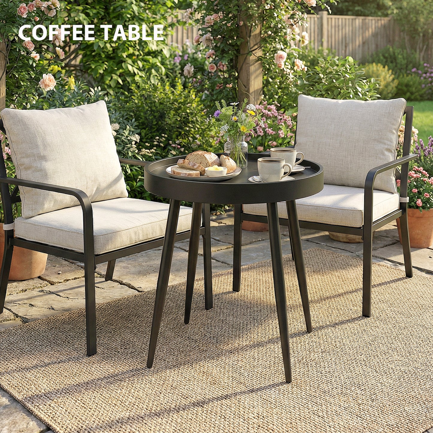 49.5 cm Round Garden Table, Small Outdoor Coffee Side Table with Plastic Tray-Style Top, Metal Legs, Black