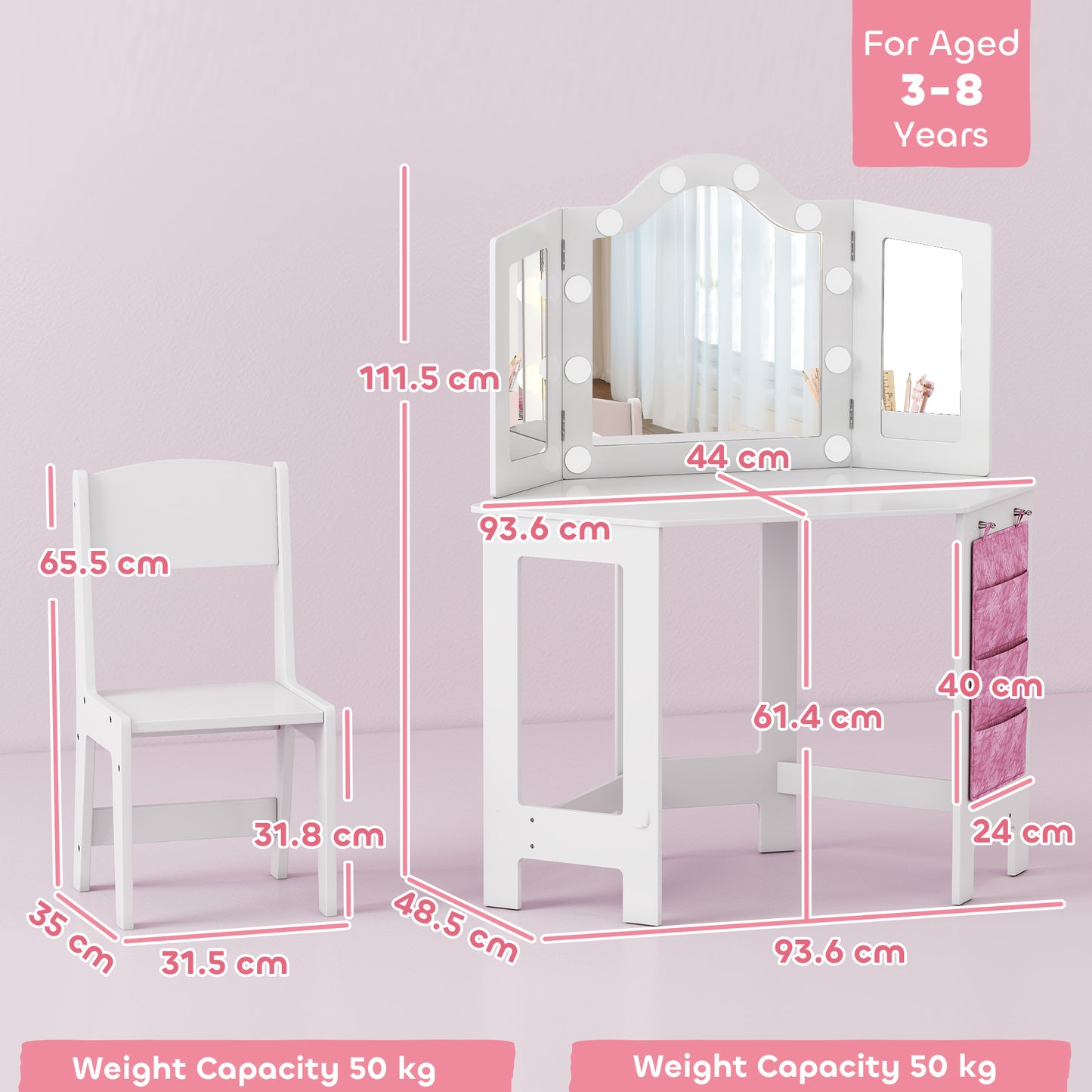 Kids Dressing Table and Stool Set, Girls Vanity Table with 2-Colour LED Lights, Tri-Folding Mirror, White