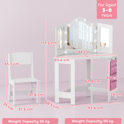Kids Dressing Table and Stool Set, Girls Vanity Table with 2-Colour LED Lights, Tri-Folding Mirror, White