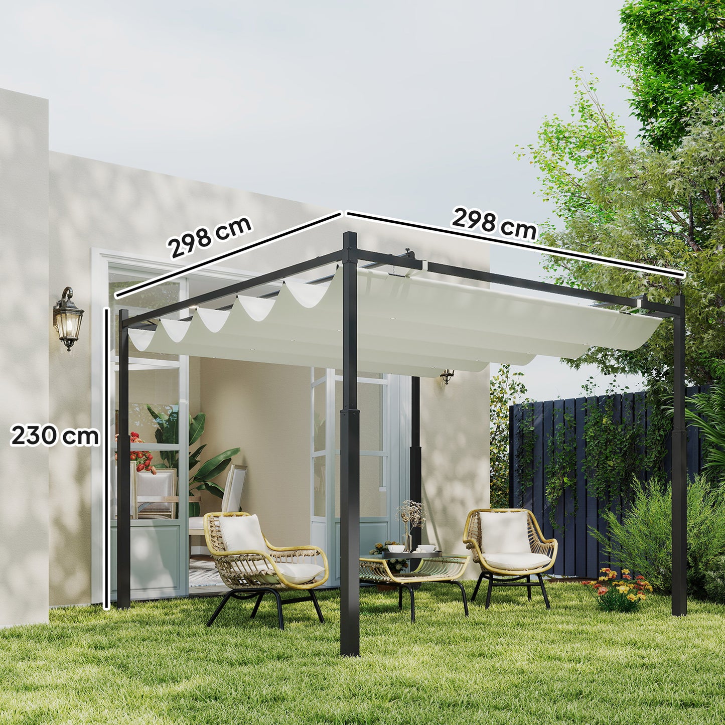 3 x 3(m) Metal Pergola with Retractable Roof and Magnetic Fixture, Outdoor Gazebo Garden Pergola Kit Sun Shade Canopy