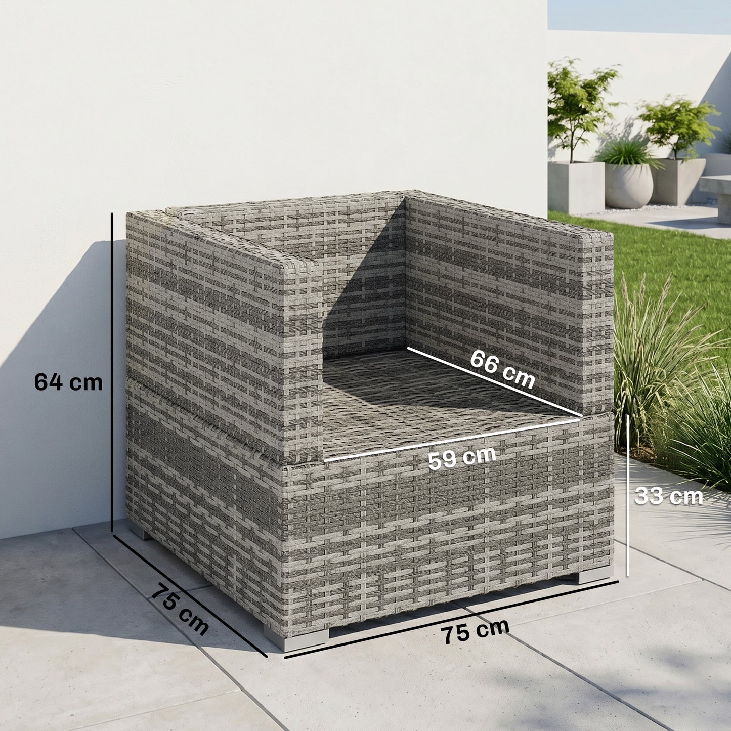 Single Seater Rattan Chair Sofa with Padded Cushions, All-Weather PE Wicker Weave Garden Armchair with Armrests, Grey