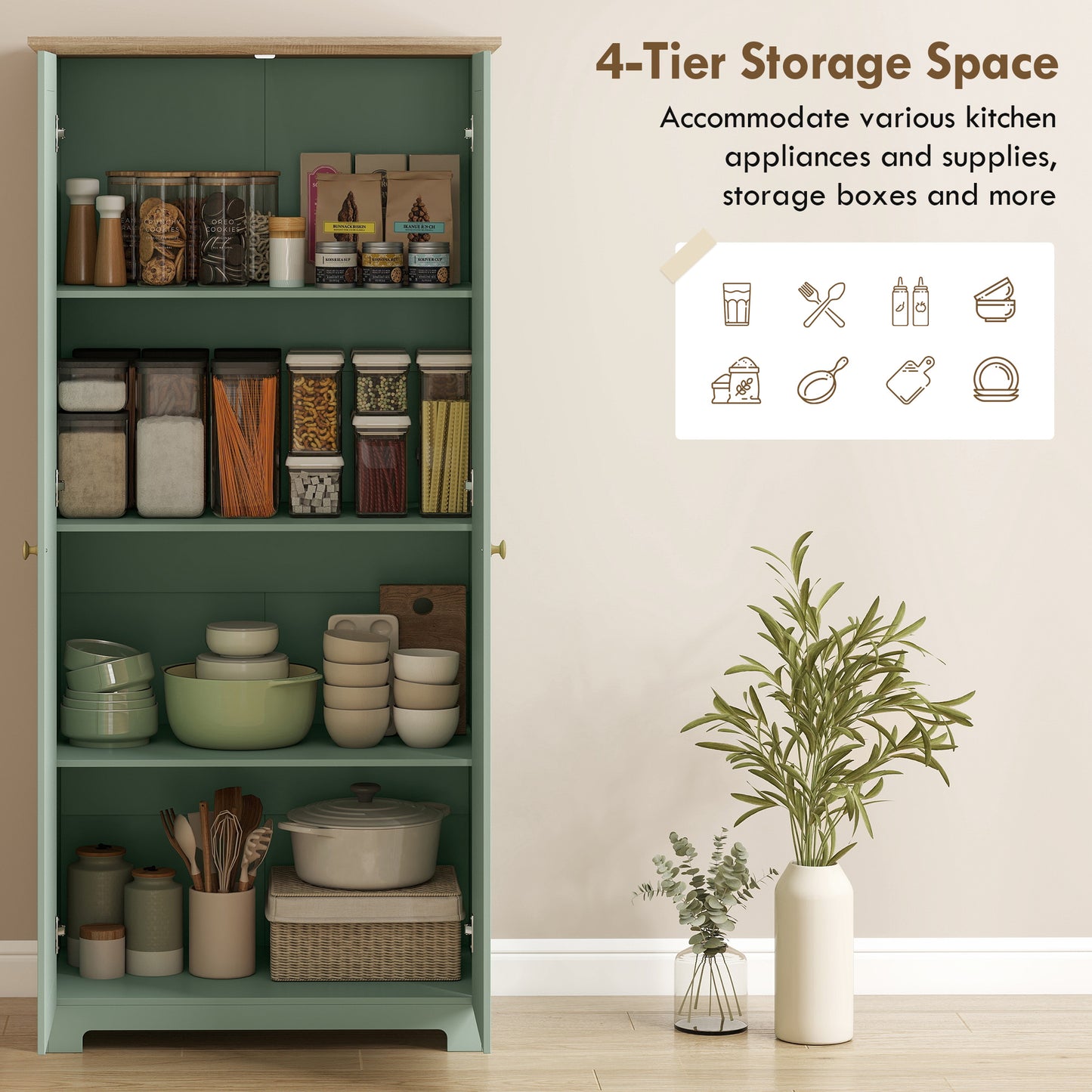 Kitchen Cupboard, 172cm Freestanding Storage Cabinet with Doors and Shelves, Light Green