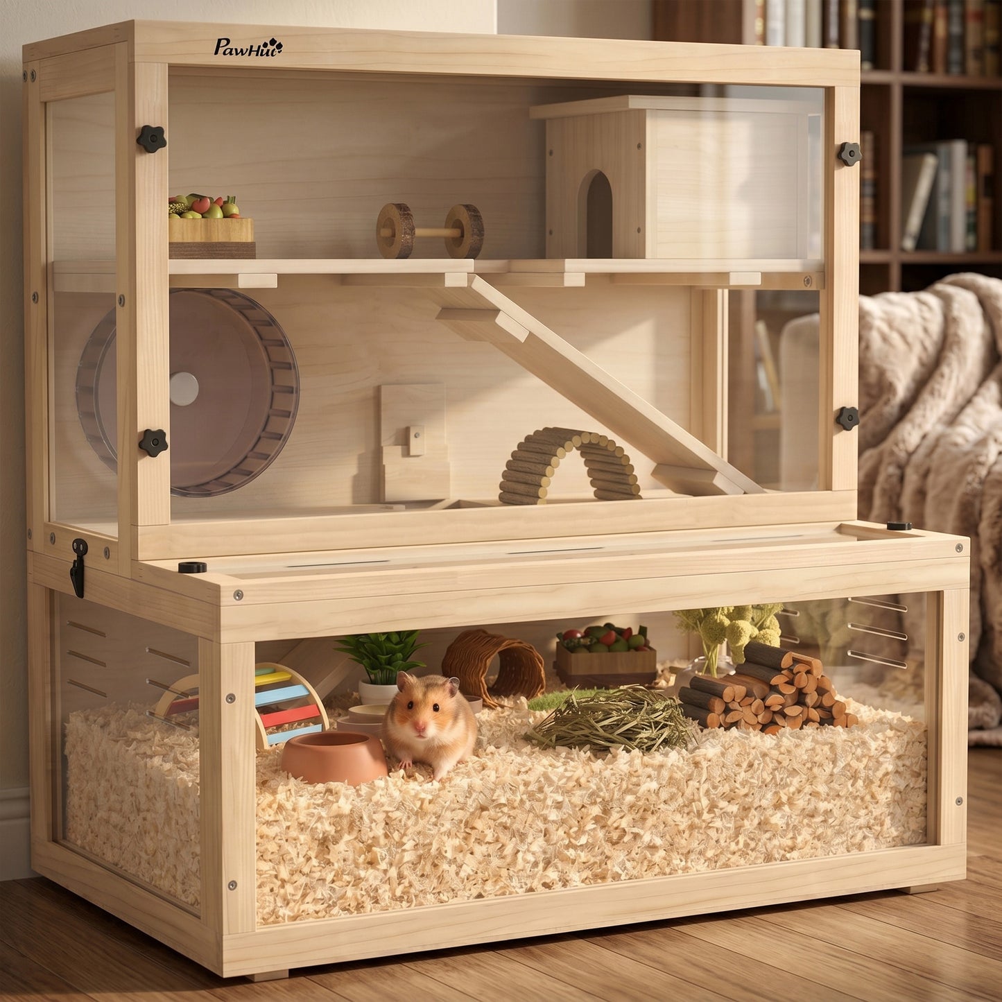 Wooden Hamster Cage with Hut, Wheel, Ramps, Removable Viewing Panels, 80 x 50 x 84 cm, Natural