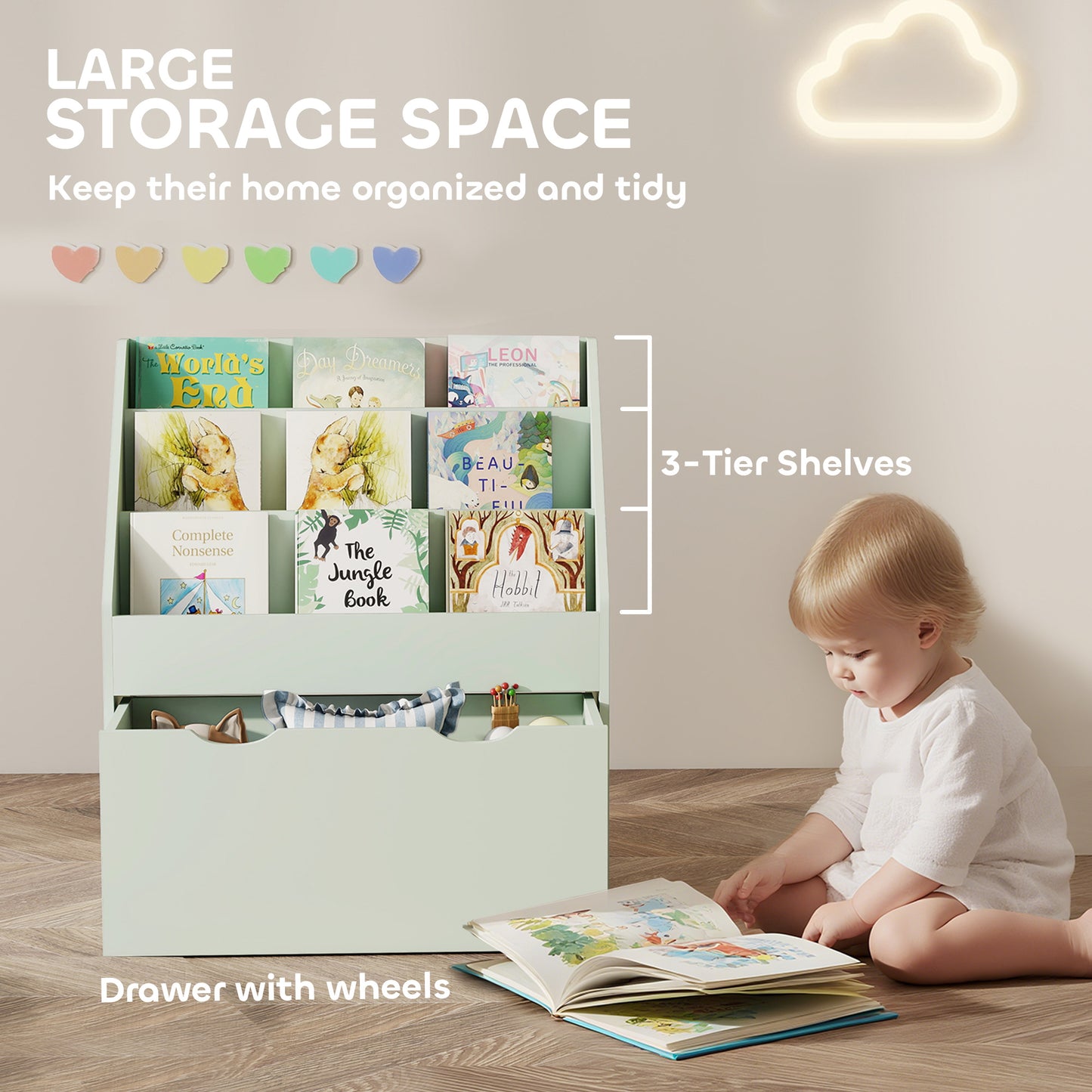 Bookcase for Kids with Shelves, Drawer, Bookcase for Bedroom, Playroom, Green