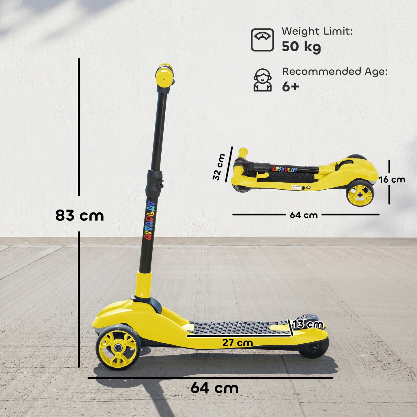 Three-Wheel Foldable Electric Scooter for Kids Aged 6-10 Years, Yellow