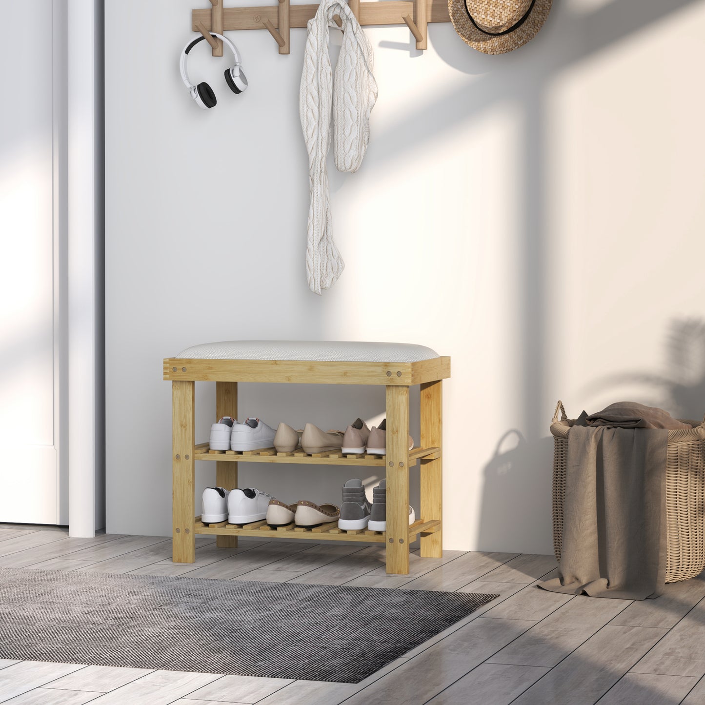 Bamboo Shoe Storage Bench, 3-Tier Shoe Bench with Seat Cushion, Shoe Rack for Entryway, Hallway, Living Room, Bedroom