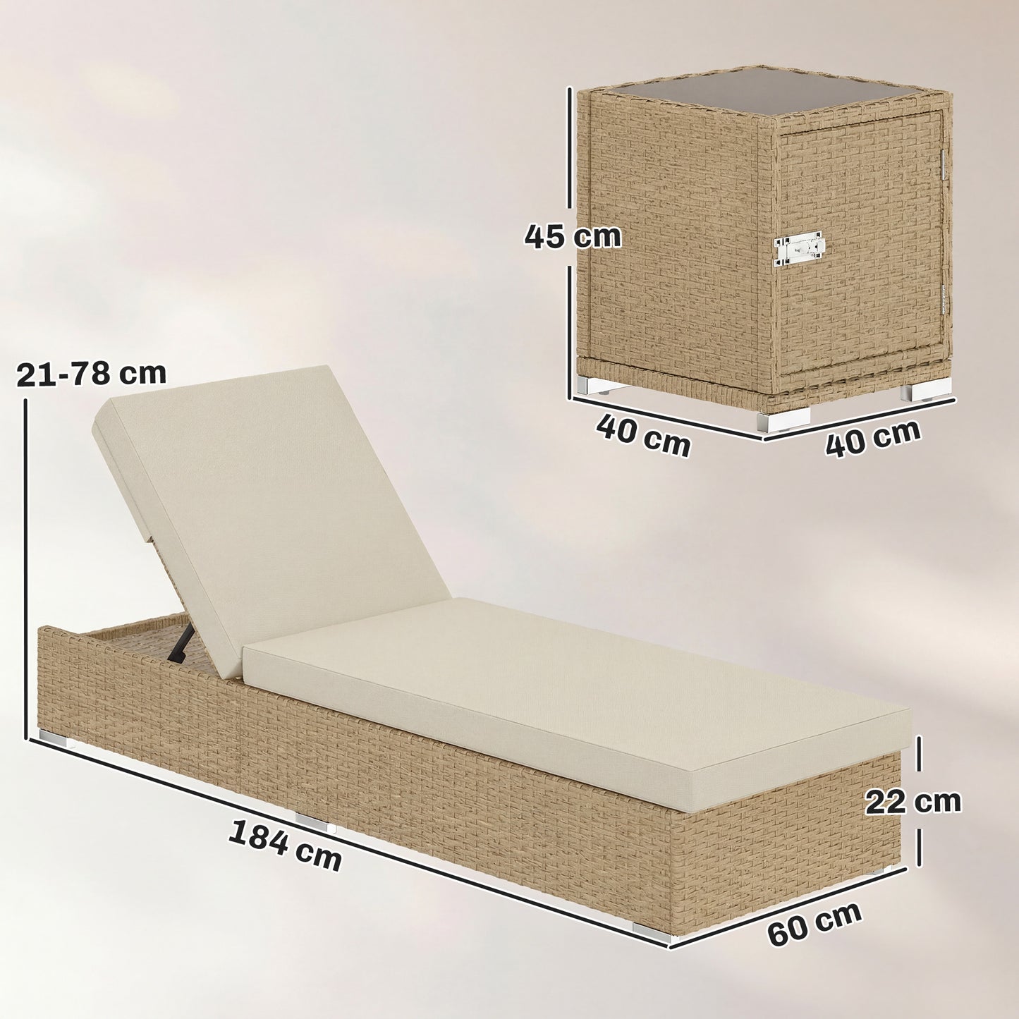 Rattan Sun Loungers Set of 2 with Side Table, Garden Recliner Sunbeds with Adjustable Back, Cushions, Beige