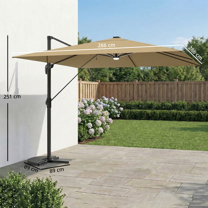 3 x 3 m Garden Cantilever Parasol with Light, Umbrella with Wind Protection, 360° Rotation, Khaki
