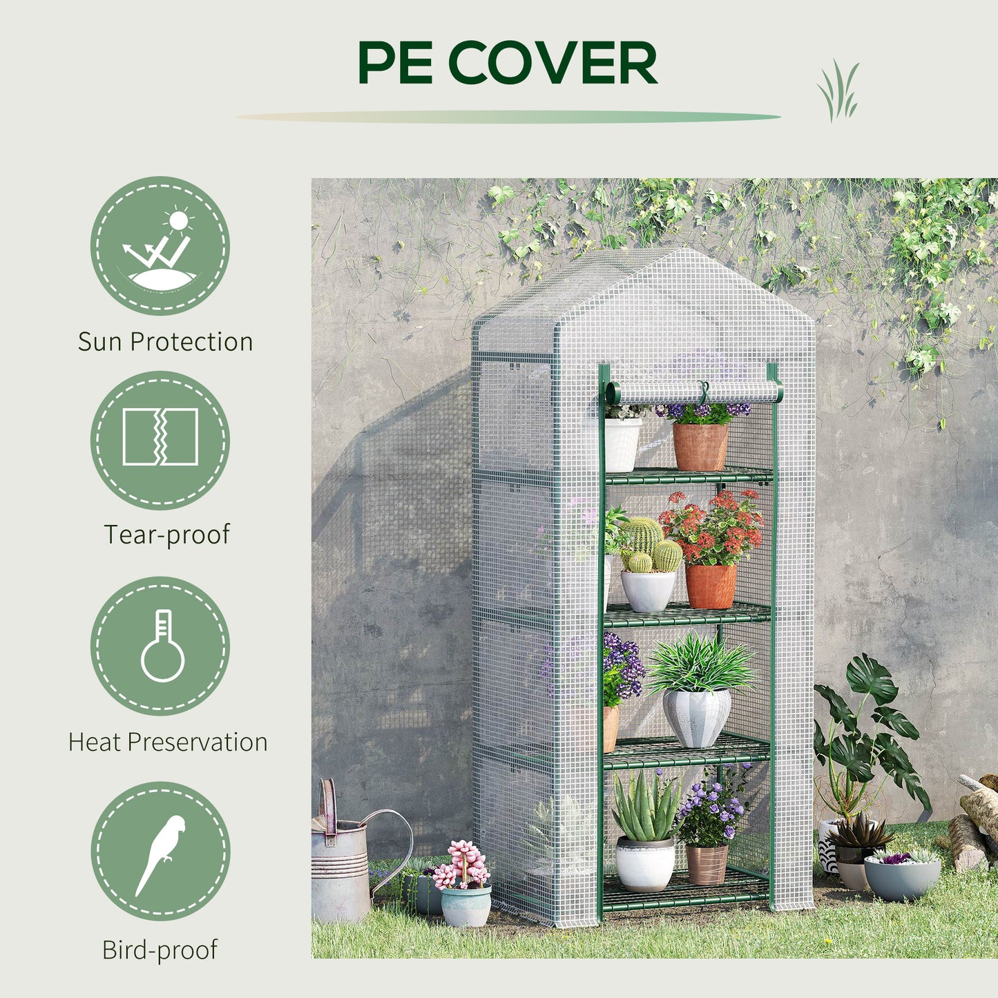 4 Tier Mini Greenhouse, Portable Compact Green House with Steel Frame, PE Cover, Roll-up Door, 70 x 50 x 160 cm, White