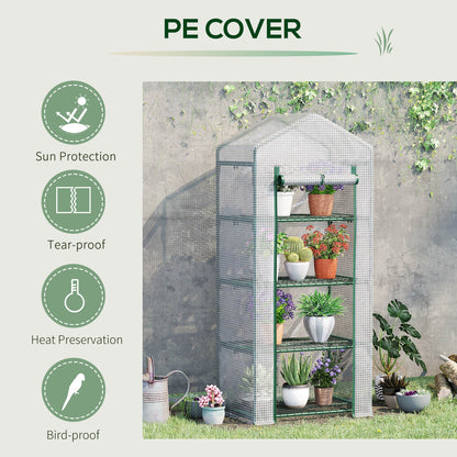 4 Tier Mini Greenhouse, Portable Compact Green House with Steel Frame, PE Cover, Roll-up Door, 70 x 50 x 160 cm, White