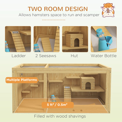 Wooden Hamster Cage with Water Bottle, Platforms, Openable Roof, Sliding Tray, Hut, Seesaws, Natural Wood Finish