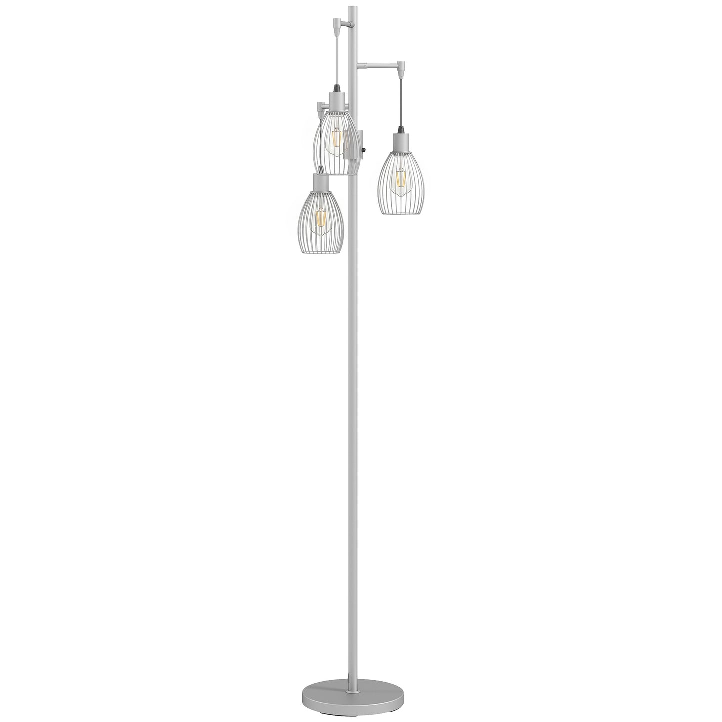 170.5cm Industrial Dimmable Standing Lamp, 3-Light Floor Lamp with Steel Wire Cage Lampshades, Silver Tone