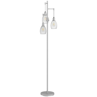 170.5cm Industrial Dimmable Standing Lamp, 3-Light Floor Lamp with Steel Wire Cage Lampshades, Silver Tone