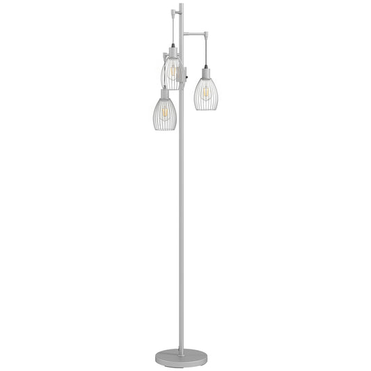 170.5cm Industrial Dimmable Standing Lamp, 3-Light Floor Lamp with Steel Wire Cage Lampshades, Silver Tone
