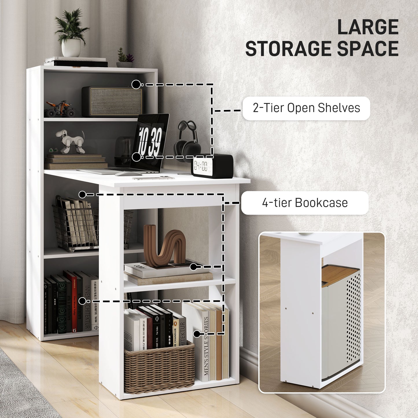 120cm Computer Desk, Wooden PC Laptop Table with 6-Tier Storage Bookshelves, Home Office Working Study Desk