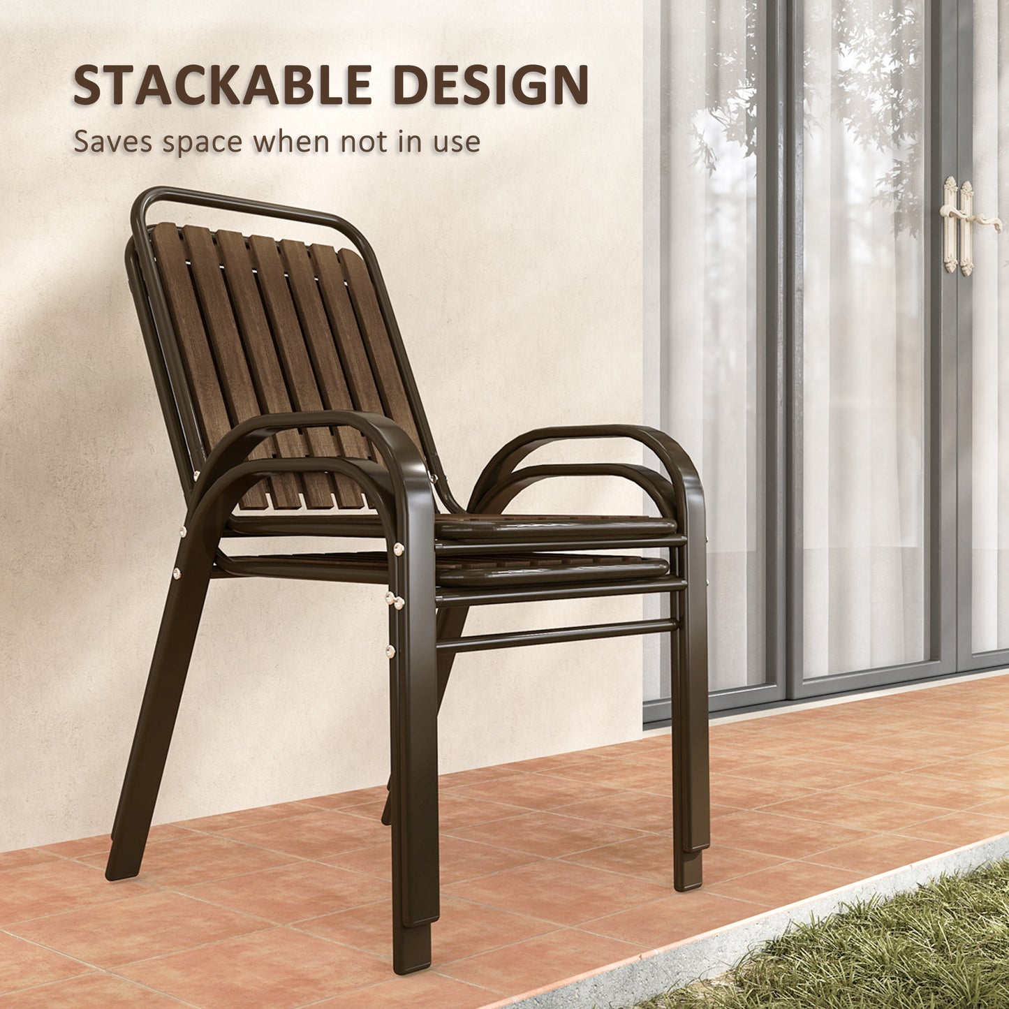 3 Pieces Patio Bistro Set with Stackable Chairs, Tempered Glass Table, for Outdoor, Balcony, Patio, Garden, Dark Brown