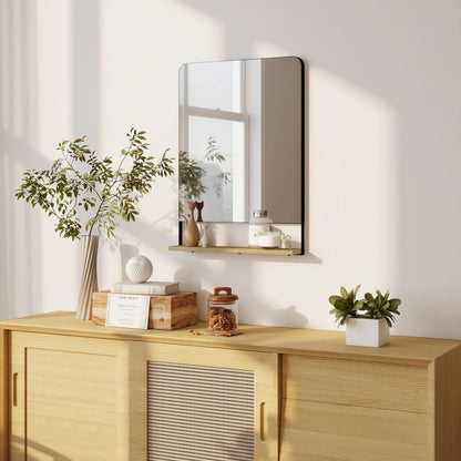 Wall Mirror with Wood Shelf - Black