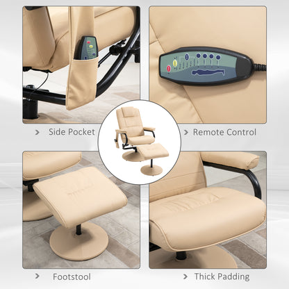 Swivel Recliner Chair and Footstool, Faux Leather Massage Recliner Armchair with Remote Control and Round Wrapped Base, Beige