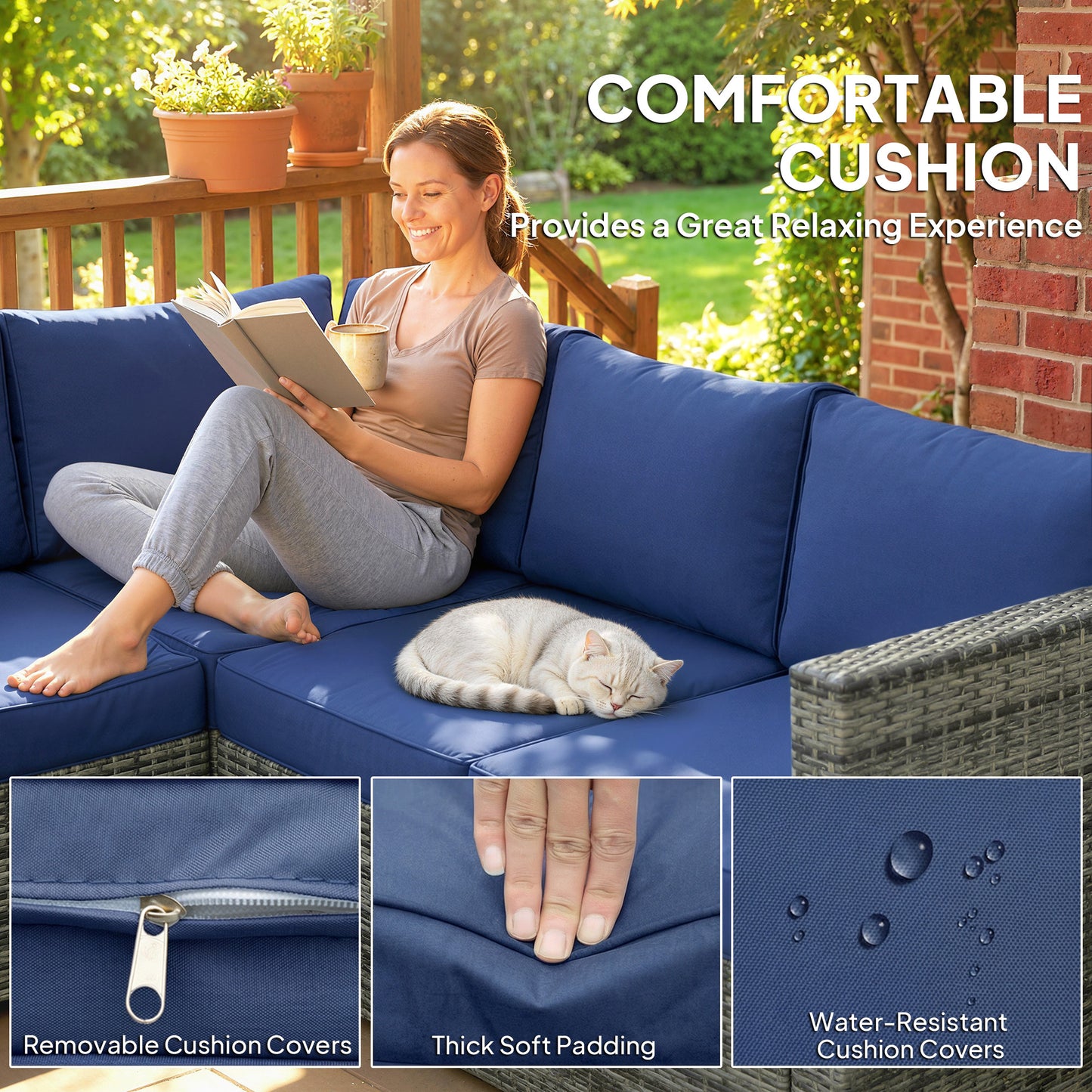 Four-Piece Rattan Sofa Set with 11 Cushions, Steal Frame, Blue