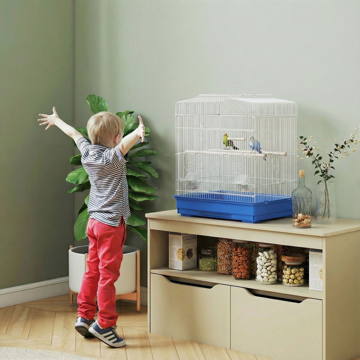 Large Metal Bird Cage with Perches, Food Bowls, Swing, for Budgies, Parakeets, Blue