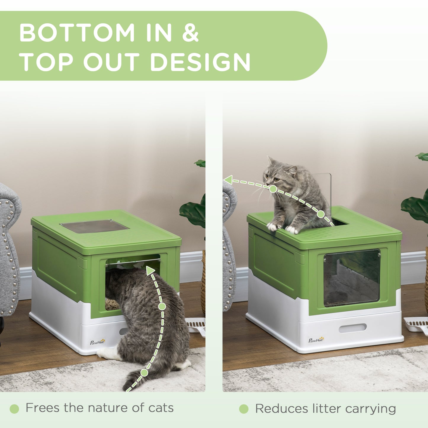 Hooded Cat Litter Box, Portable Pet Toilet, with Scoop, Front Entry - Emerald Green