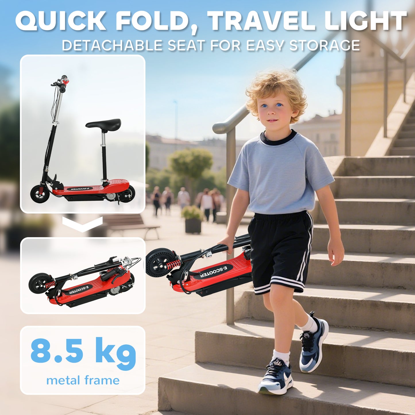 Steel Ride on Powered Scooter, Folding E-Scooter with Warning Bell, 15km/h Maximum Speed, for 6-14 Years Old, Red