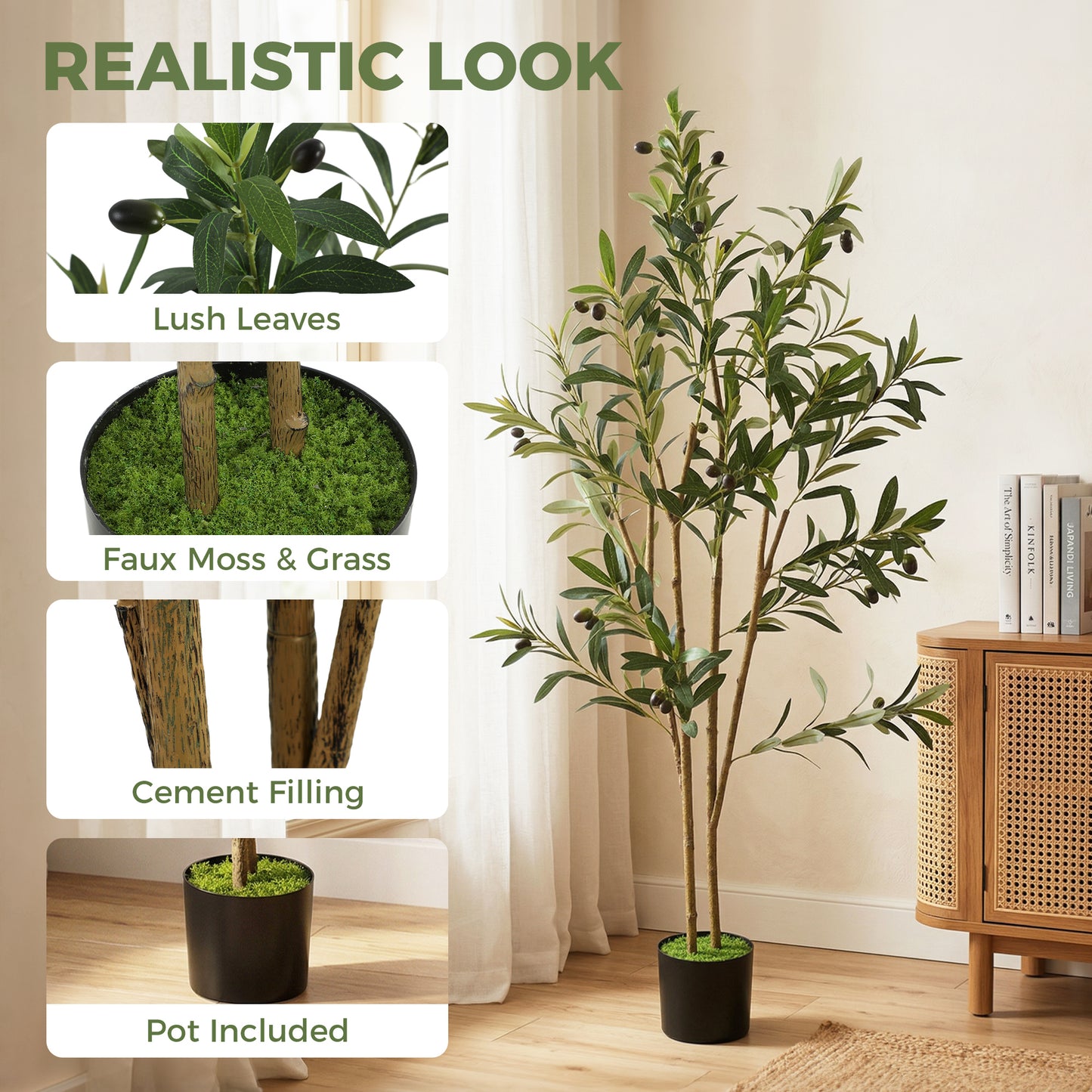 Decorative Artificial Plant, 120 cm Silk Olive Tree with 303 Leaves in Cement Pot, Fake Plant