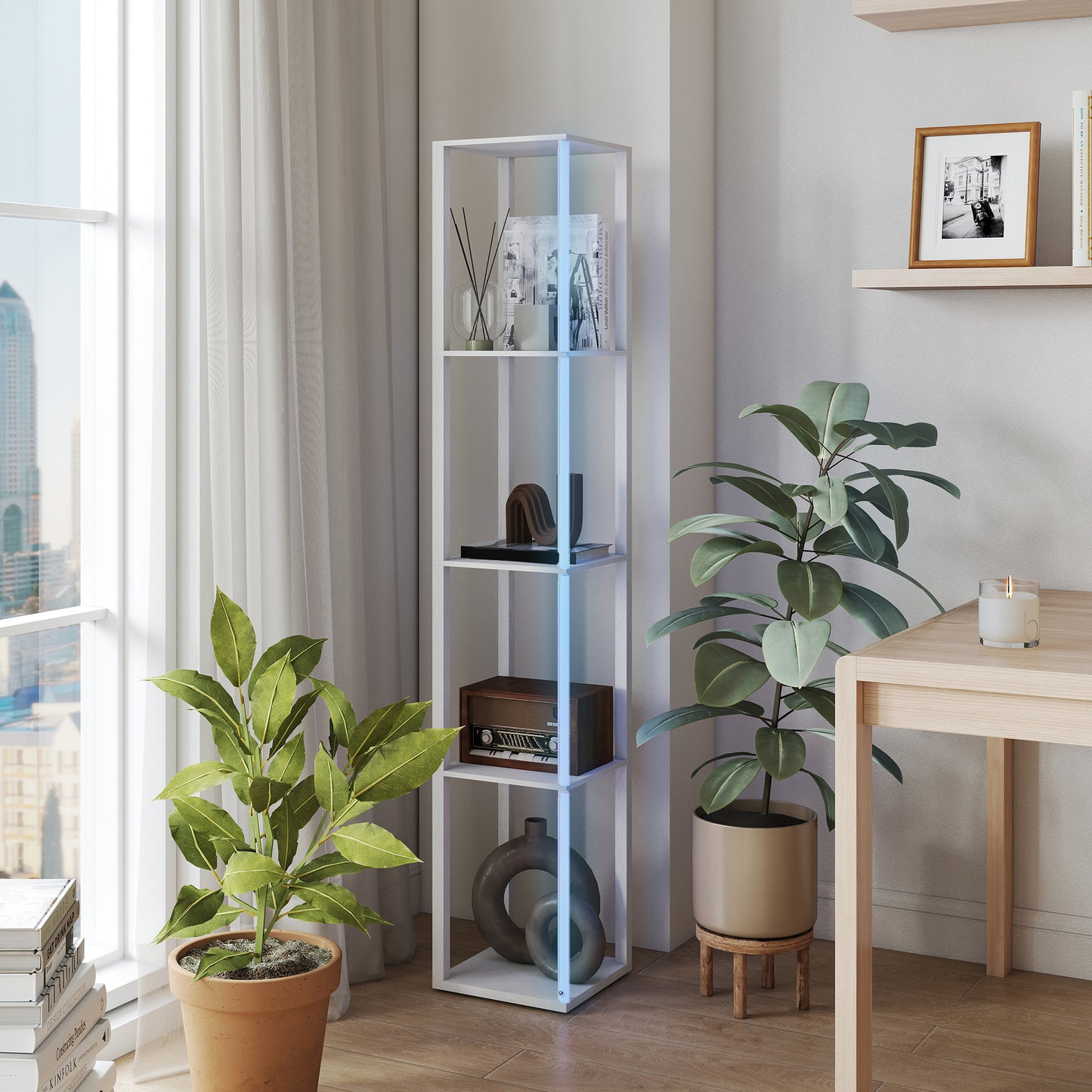 RGB LED Floor Lamp with Shelves, Modern Dimmable Standing Lamp with Remote Control